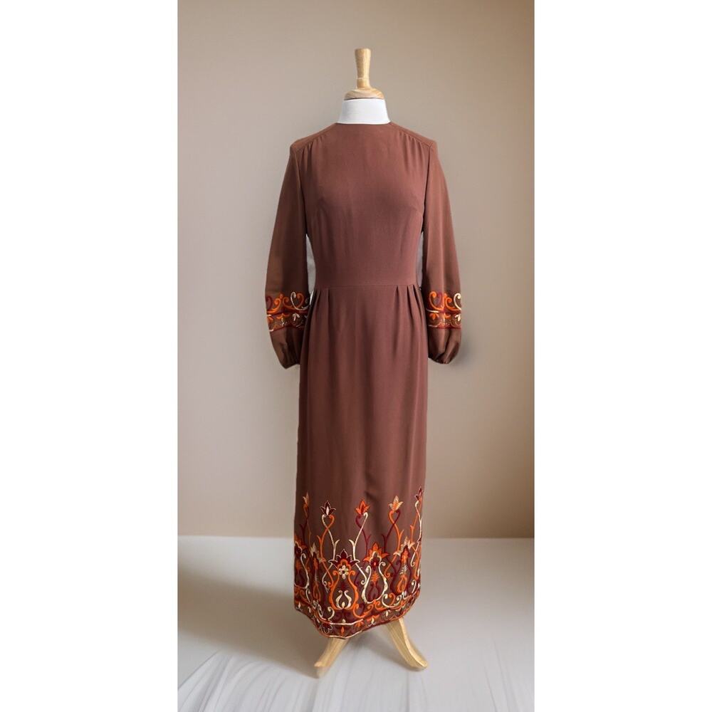 Vintage EIN FINK MODELL 60s 70s Folk Style Embroidery Maxi Dress Retro Prom US12